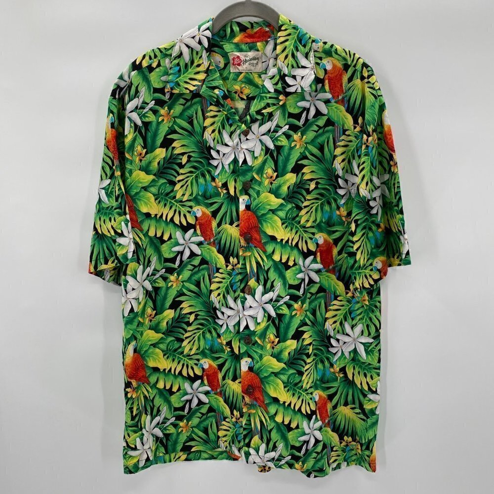 The Hawaiian Original Green Parrot Print Button Down Casual Shirt Men's Size M